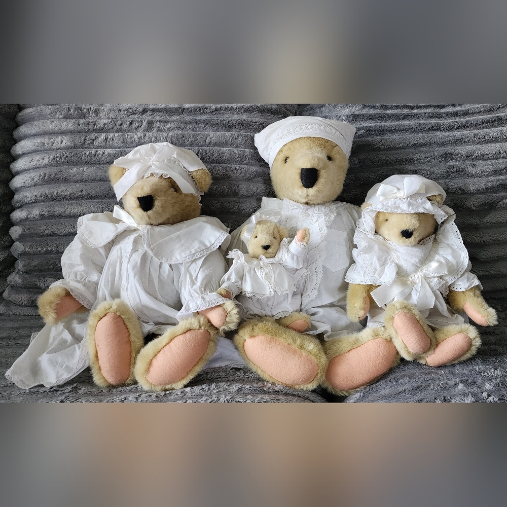 Adorable Family of Teddy Bears in White Outfits